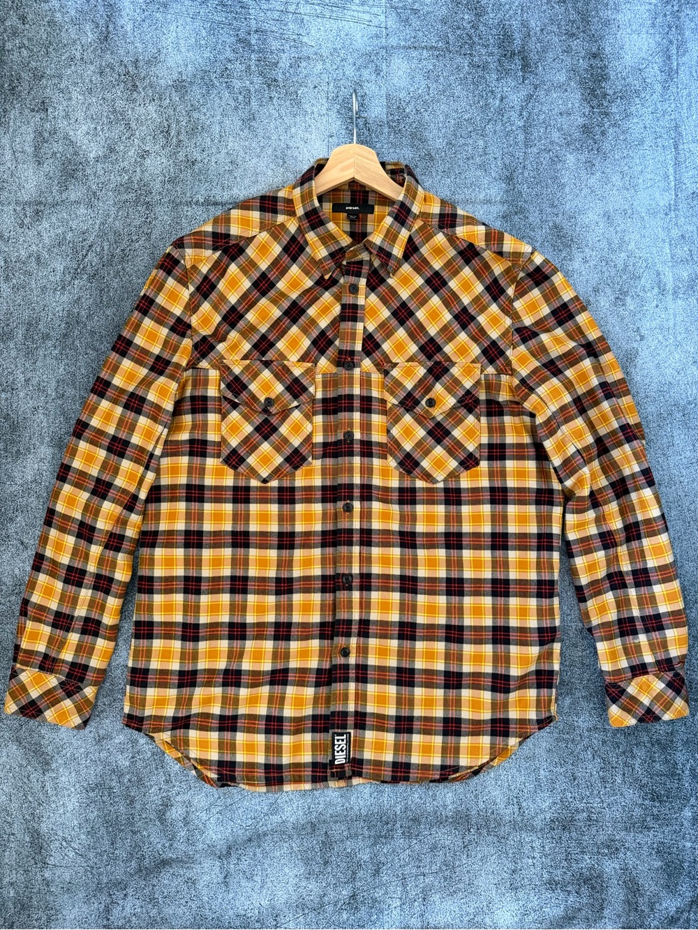 Diesel Men's Yellow Plaid Flannel Cotton Heavy Button-Up Shirt